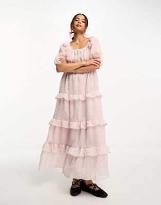 Neon Rose corsage detail tiered midaxi dress in light pink