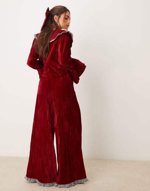 Neon Rose crinkle velvet wide leg trouser co-ord in burgundy, 3 of 5