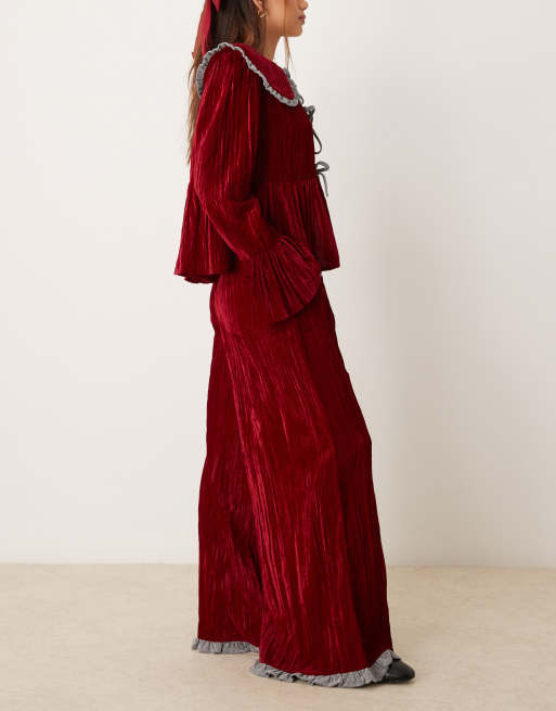 Neon Rose crinkle velvet wide leg trouser co-ord in burgundy, 5 of 5
