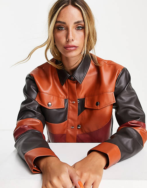 Coats & Jackets Neon Rose cropped jacket in wavy brown pu co-ord 