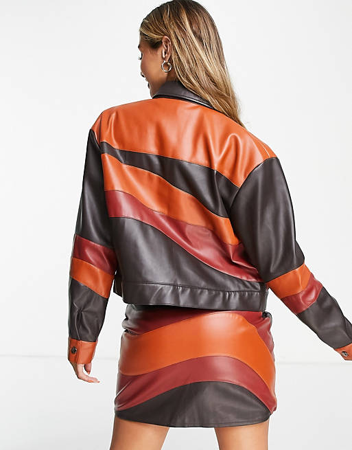 Coats & Jackets Neon Rose cropped jacket in wavy brown pu co-ord 