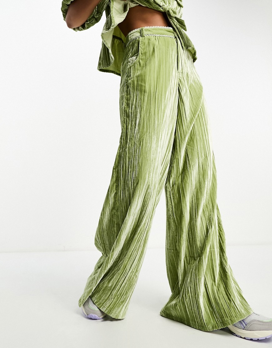 Neon Rose crushed velvet wide leg co-ord trousers in green