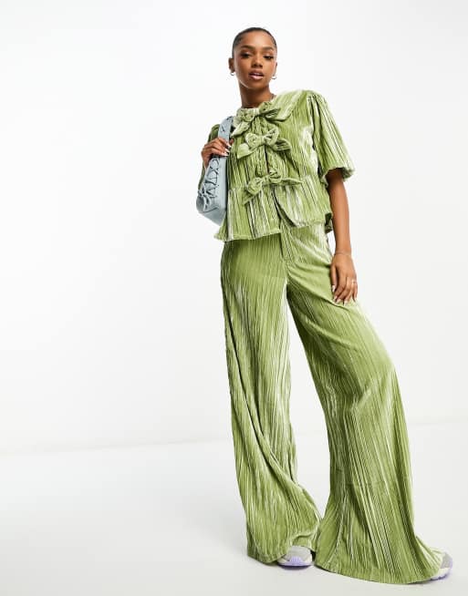 Green velvet shop wide leg trousers