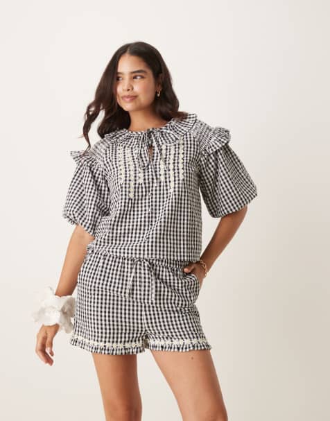 Neon Rose shirred gingham balloon sleeve blouse co-ord in black