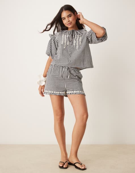 Neon Rose gingham ruffle edge shorts co-ord in black