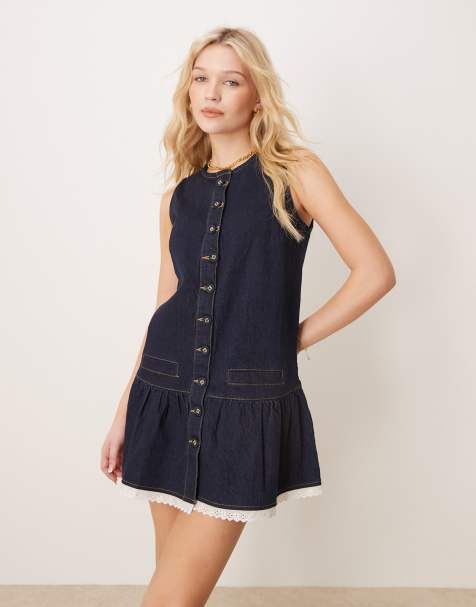 Neon Rose denim button front pinny shift dress in indigo blue - view 1