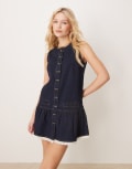 [Neon Rose] Neon Rose denim button front pinny shift dress in indigo blue-Navy S Indigo Blue