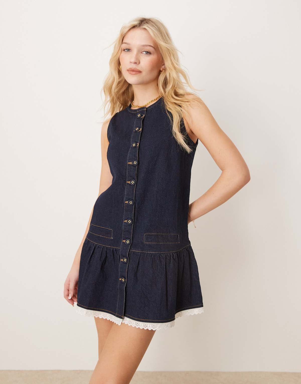 Neon Rose denim button front pinny shift dress in indigo blue