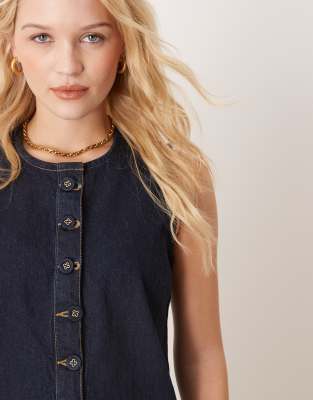 Neon Rose Denim Button Front Pinny Shift Dress
