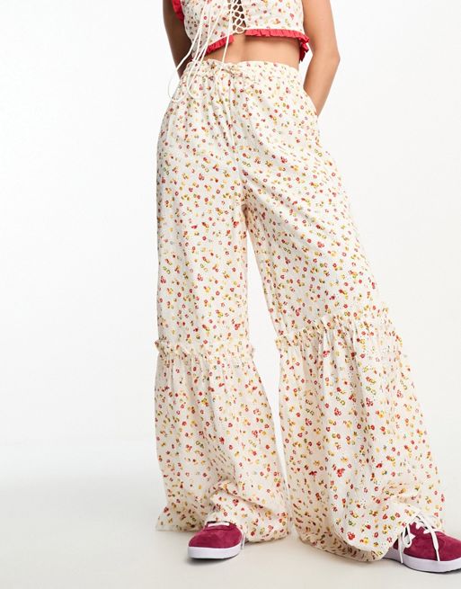Neon Rose ditsy floral print frill edge trousers co-ord in multi