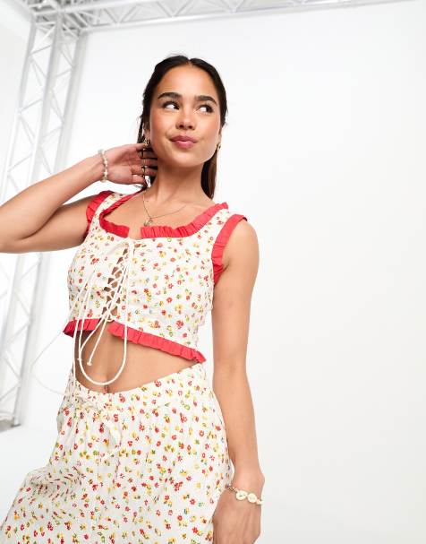 Neon Rose ditsy floral print lace-up corset top in multi - part of a set - view 1