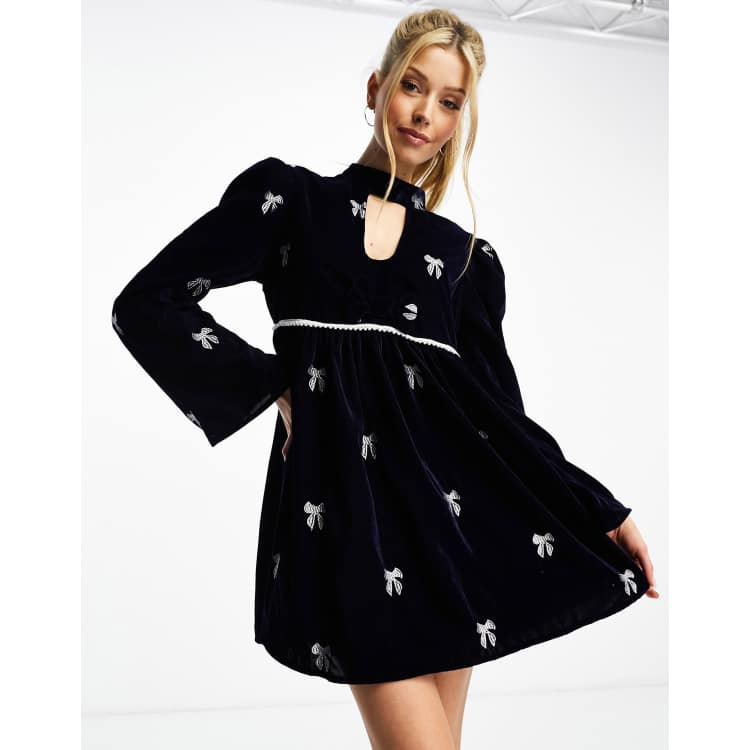 Neon Rose embellished bow detail velvet mini dress in navy