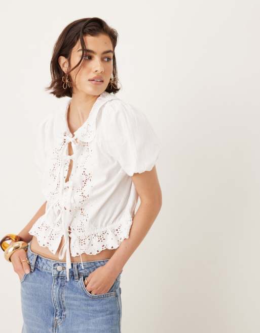 Neon Rose embroiderd tie-front puff sleeve blouse in white