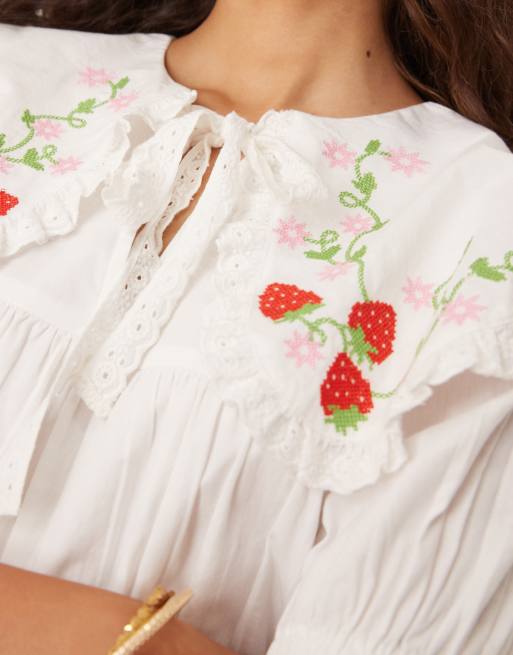 Neon Rose embroidered detail smock dress in white | ASOS