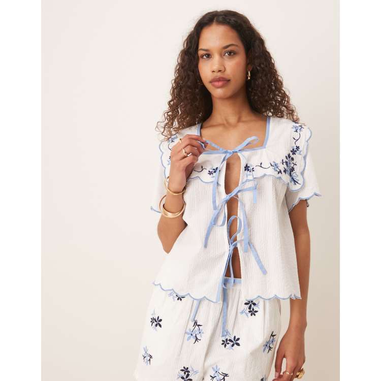 Neon Rose embroidered tie-front boxy blouse co-ord in white and