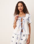 [Neon Rose] Neon Rose embroidered tie-front boxy blouse in white and blue 14 White/blue