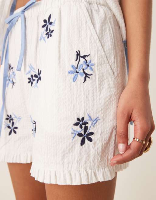 Neon Rose embroidered tie front shorts in white and blue - part of a set, 5 of 5