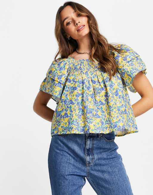 Neon Rose - Farverig blomstret smock-top med voluminøse ærmer