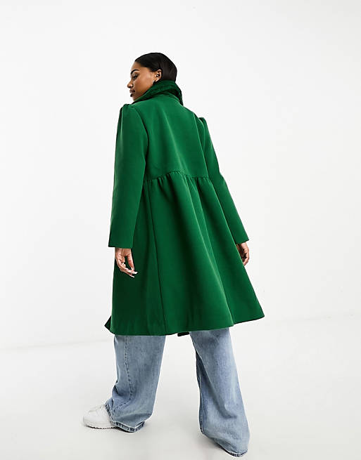 Neon Rose faux fur collar detail princess coat in deep green | ASOS