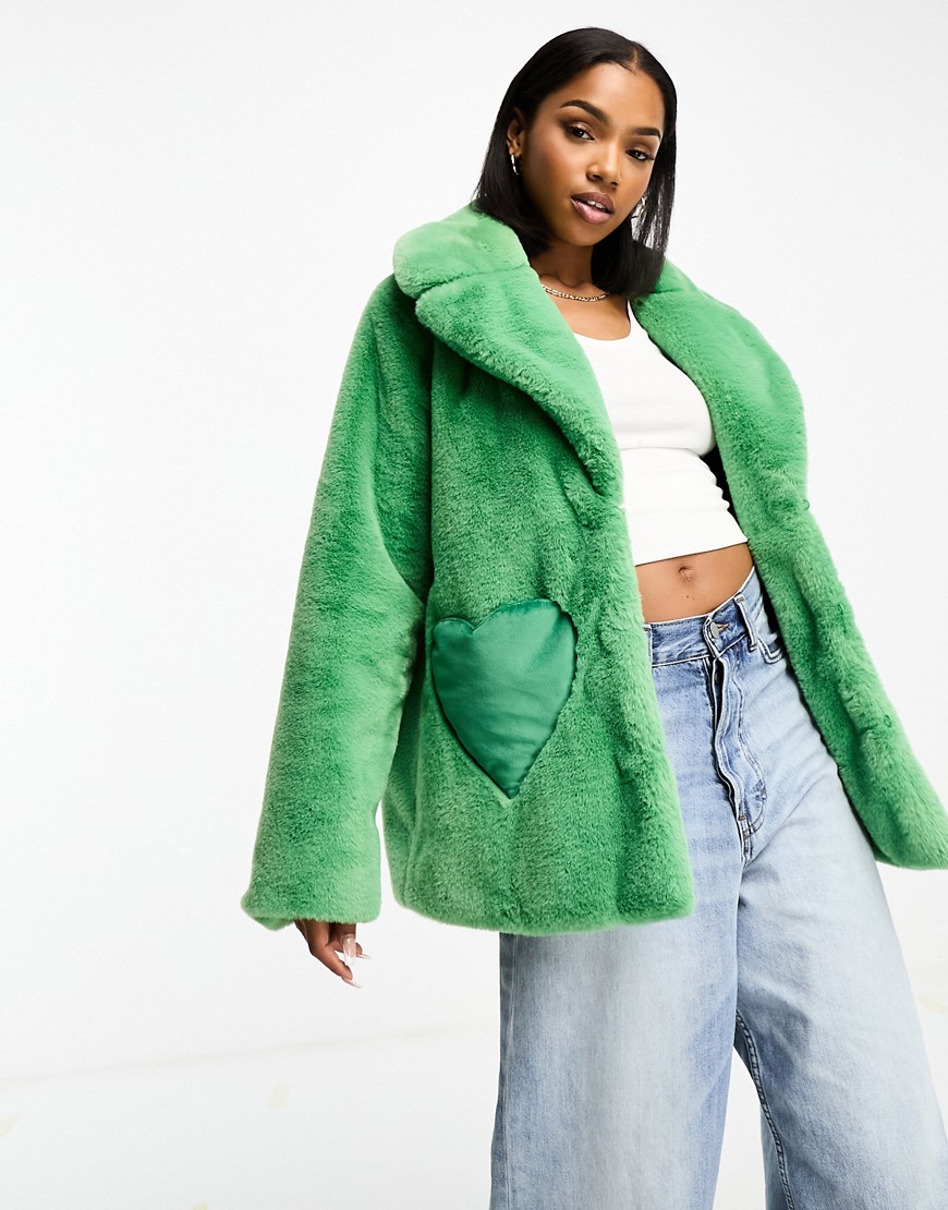 Neon Rose faux fur heart pocket detail coat in green