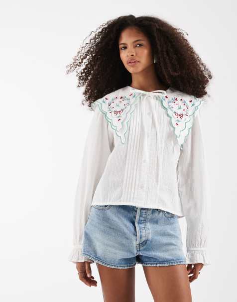 Neon Rose floral collared long sleeve button up blouse in white - view 1