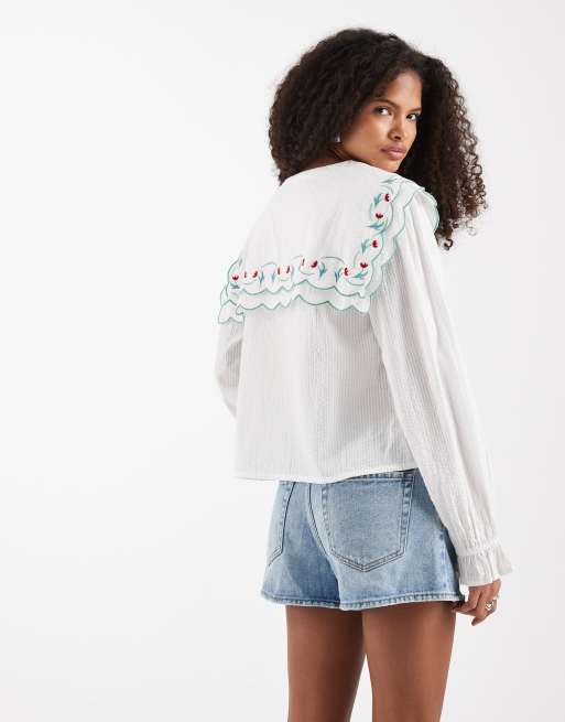 Neon Rose floral collared long sleeve button up blouse in white, 4 of 4