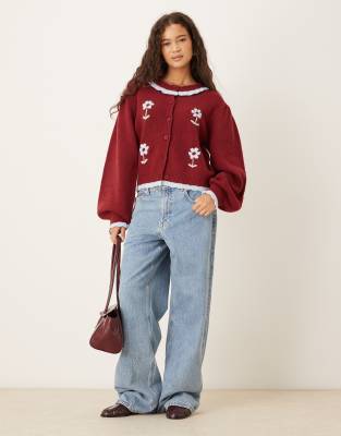 Neon Rose Floral Frill Detailed Cardigan In White