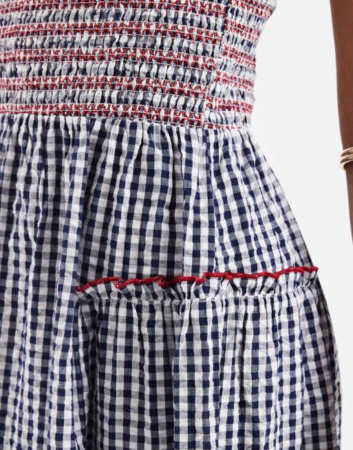 Neon Rose – Gesmoktes Midaxi-Kleid in Blau mit Vichy-Karomuster und Rüschendetail, 4 von 4