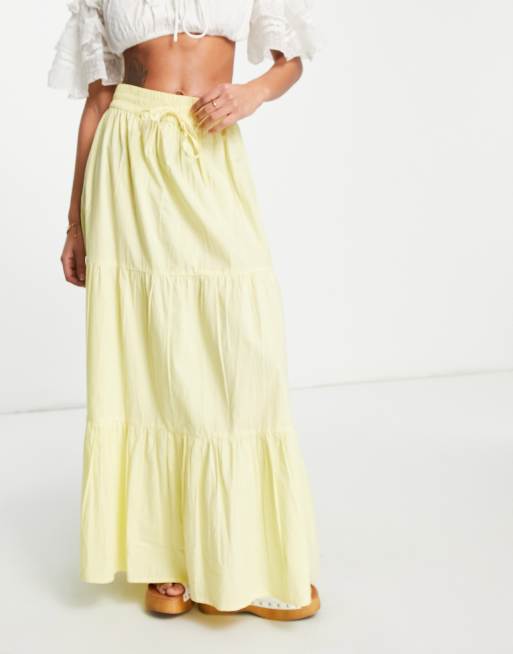 Neon Rose – Gestufter Boho-Maxirock in Zitronengelb