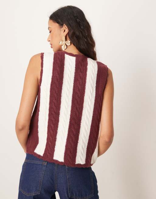 Neon Rose - Gilet a trecce color panna e bordeaux a righe, 3 di 4
