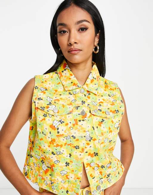 Neon Rose - Gilet corto di jeans a fiori anni '70 in coordinato