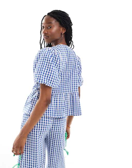 Neon Rose gingham and bow detail smock blouse in blue and