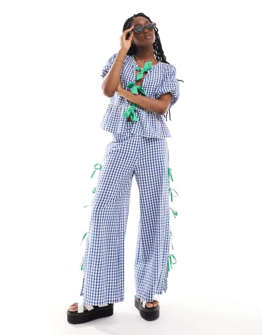 Neon Rose gingham and bow detail smock blouse in blue and