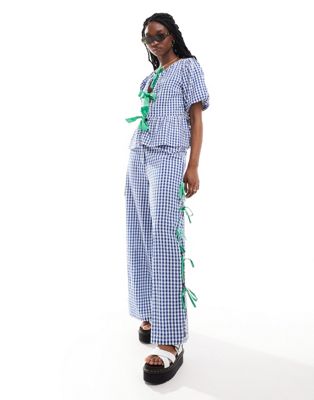 Neon Rose Gingham And Bow Detail Wide Leg Pants In Blue And Green - Part Of A Set