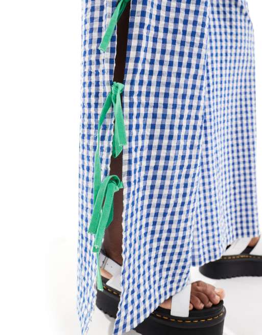 Neon Rose gingham and bow detail wide leg pants in blue and