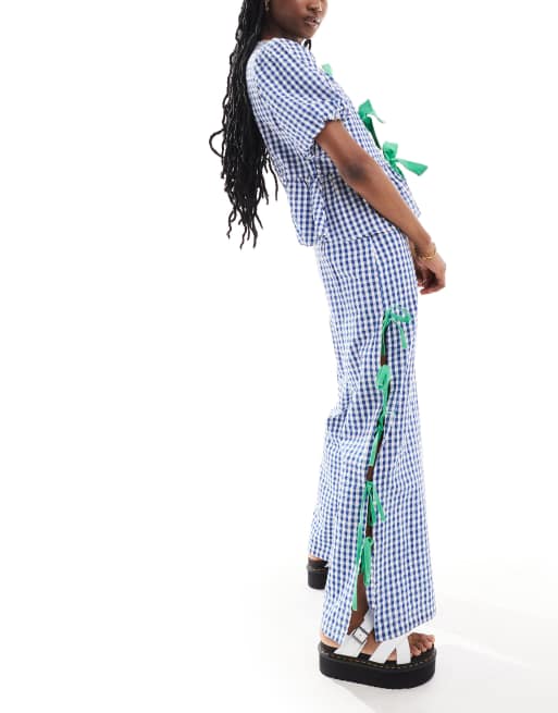 Neon Rose gingham and bow detail wide leg pants in blue and green part of a set