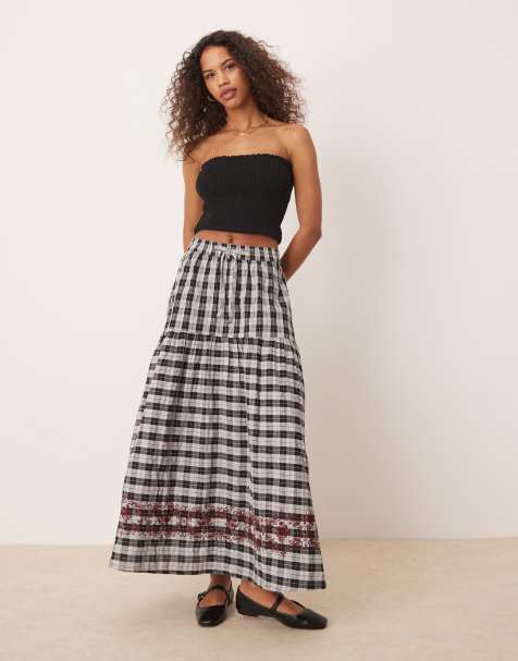 Neon Rose gingham embroidered detail midaxi skirt in gray - view 1