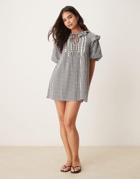 Neon Rose gingham oversized smock dress in black - view 1