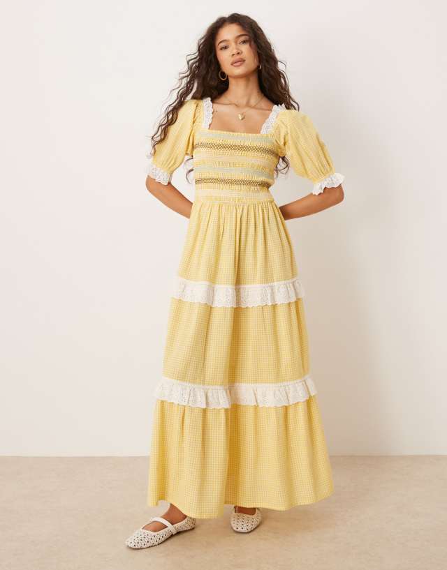 neon rose green gingham dress puff sleeve midaxi in yellow wk31
