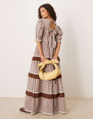 neon rose gingham ruffle detail puff sleeve smock dress in brown