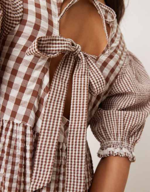 Neon Rose gingham ruffle detail puff sleeve smock dress in brown