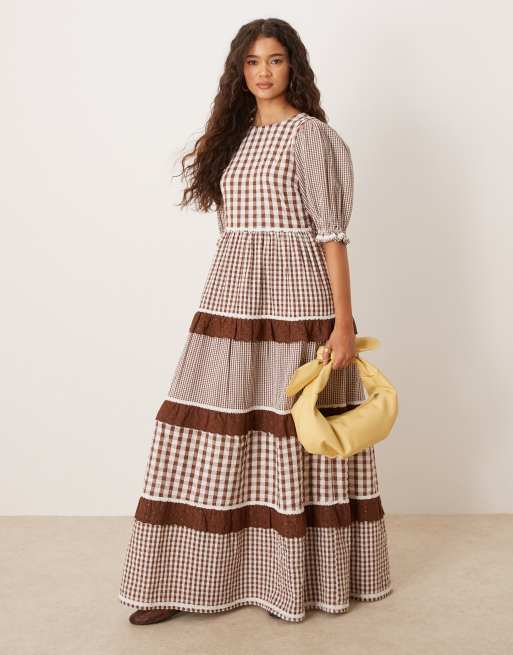 Neon Rose gingham ruffle detail puff sleeve smock dress in brown | ASOS