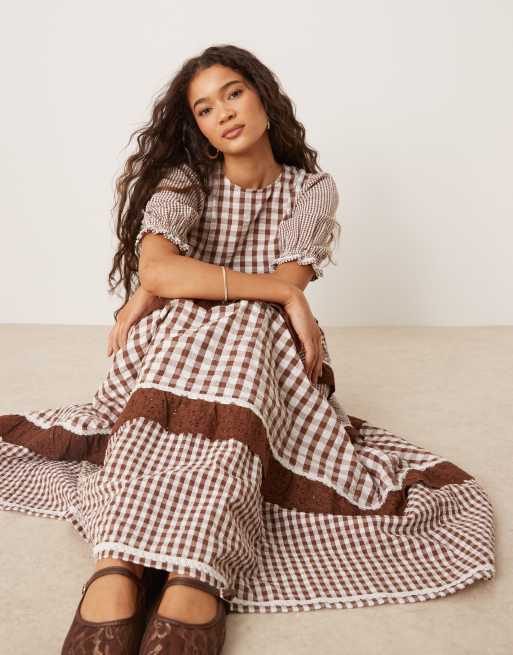 Neon Rose gingham ruffle detail puff sleeve smock dress in brown
