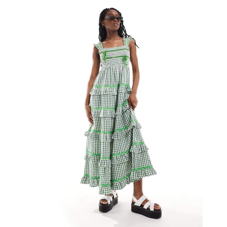 ワンピース Gingham Check Heart Neck Tiered Dress Gingham Check Heart Neck Tiered Dress - MISTREASS