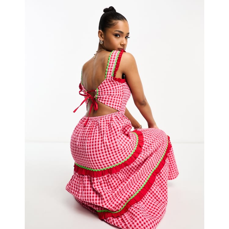 Neon Rose gingham ruffle tiered midaxi dress in pink