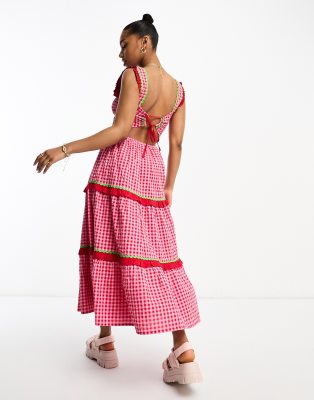 Neon Rose gingham ruffle tiered midaxi dress in pink