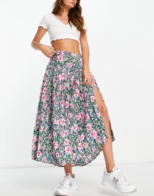 Neon Rose - Gonna midi a pieghe con spacco frontale e stampa a fiori vivaci