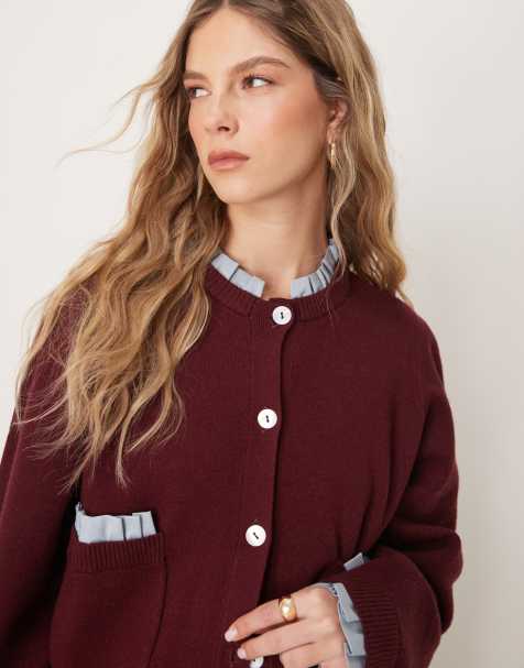 Neon Rose - Grå cardigan med kontrasterende flæser i kompakt strik - view 1