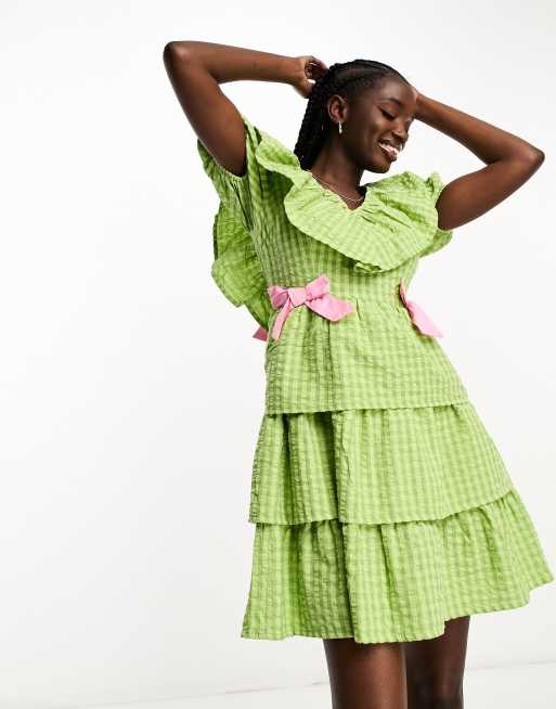 neon rose green gingham dress Munasa One Shoulder Mini Dress in Mini Gingham Green