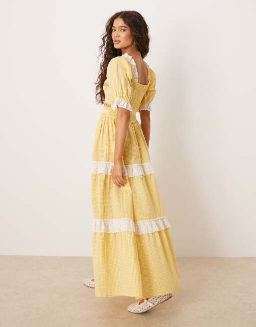 Neon Rose - Gul midaxikjole med pufærmer og gingham-tern, 3 af 4